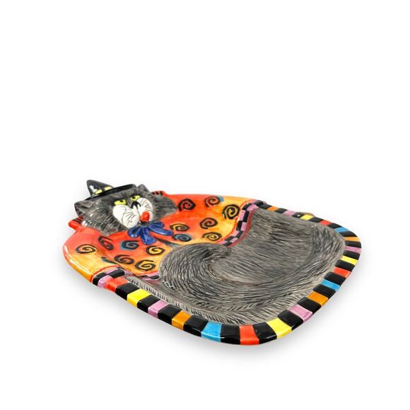 Fitz & Floyd Ceramic Canape Tray Kitty Witches Curly Qs Cat Plate Halloween New - Picture 12 of 14